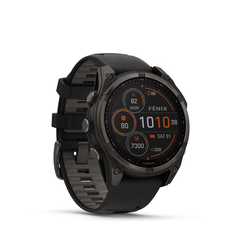 GARMIN fenix 8, 47 mm, SOLAR Sapphire, Graphit/Carbongrau Titan DLC mit QuickFit-Silikon-Armband 22 mm Schwarz/Kieselgrau