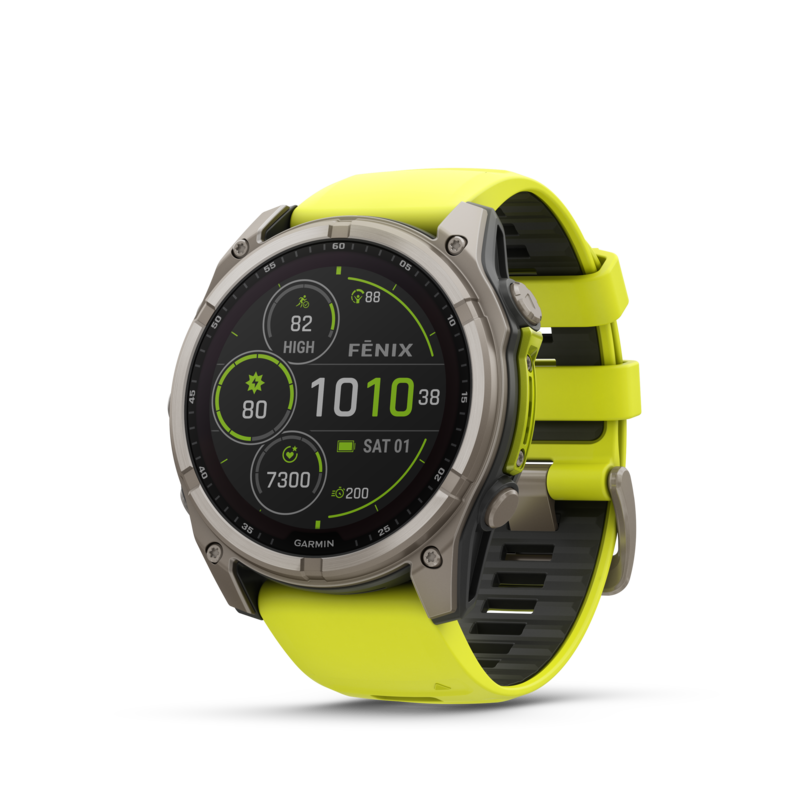 GARMIN fenix 8, 51 mm, SOLAR Sapphire, Graphit/Titanium Titan mit QuickFit-Silikon-Armband 26 mm Amp Yellow/Graphit