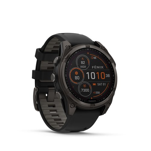 GARMIN fenix 8, 47 mm, SOLAR Sapphire, Graphit/Carbongrau Titan DLC mit QuickFit-Silikon-Armband 22 mm Schwarz/Kieselgrau